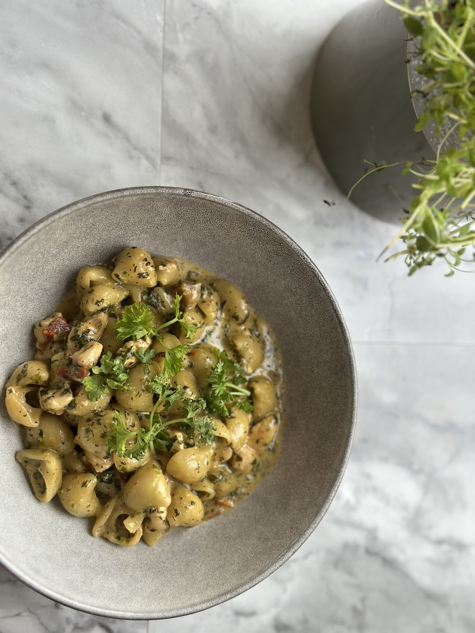 One pot pasta med kylling, soltørrede tomater og spinat